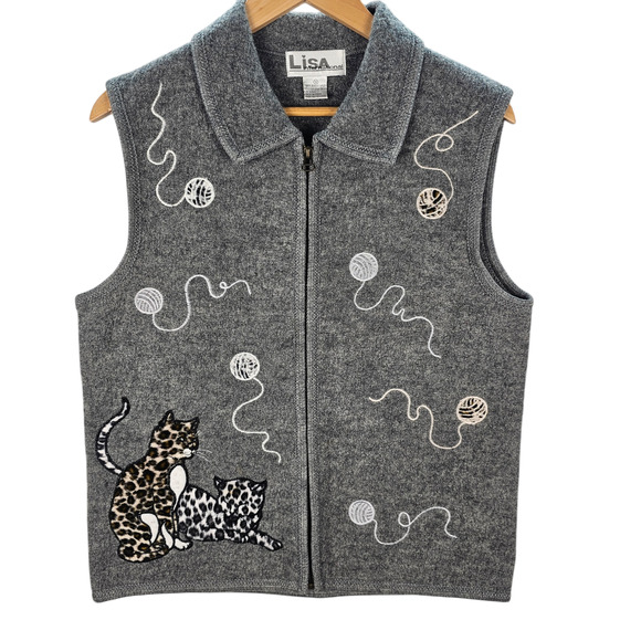 Lisa International Womens M Gray Vest Cat Yarn Ball Embroidery Zip Boiled Wool - Picture 1 of 8